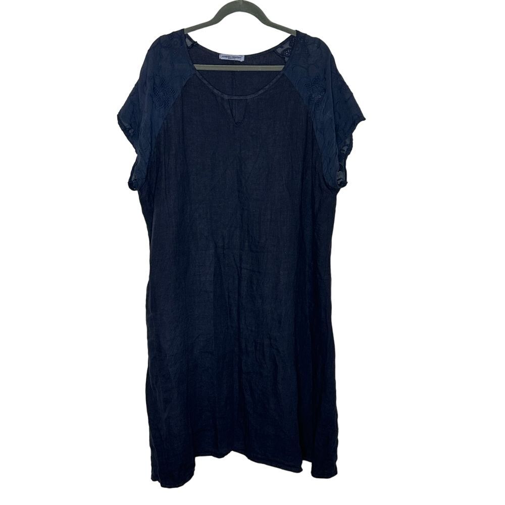 Martina Innocenti Linen Dress Size 1X Navy Blue Floral Embroidered Sleeves Italy